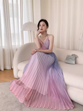 Niulatu Mermaid Halter Sleeveless Ombre Pink Long Prom Dresses HZ1110