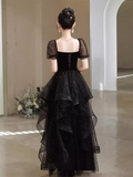 Niulatu A Line Short Sleeves Black Prom Dress Tulle Birthday Outfits HZ1110