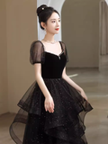Niulatu A Line Short Sleeves Black Prom Dress Tulle Birthday Outfits HZ1110