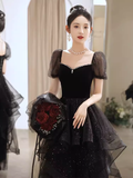 Niulatu A Line Short Sleeves Black Prom Dress Tulle Birthday Outfits HZ1110
