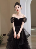Niulatu A Line Short Sleeves Black Prom Dress Tulle Birthday Outfits HZ1110