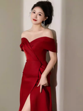 Niulatu Mermaid Off The Shoulder Satin Red Prom Dress Long Evening Dress HZ1110