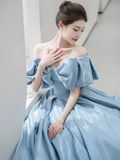 Niulatu A line Off The Shoulder Satin Light Sky Blue Prom Dress Long Evening Dress HZ1110