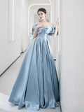 Niulatu A line Off The Shoulder Satin Light Sky Blue Prom Dress Long Evening Dress HZ1110