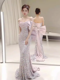 Niulatu Memaid Off The Shoulder Satin Sequin Prom Dress Long Evening Dress HZ1110