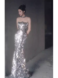 Niulatu Memaid Strapless Sequin Prom Dress Long Silver Evening Dress HZ1110