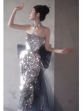 Niulatu Memaid Strapless Sequin Prom Dress Long Silver Evening Dress HZ1110