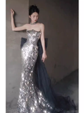 Niulatu Memaid Strapless Sequin Prom Dress Long Silver Evening Dress HZ1110