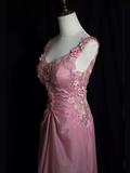 Niulatu Mermaid V neckline Sleeveless Pink Long Prom Dresses HZ1110