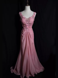 Niulatu Mermaid V neckline Sleeveless Pink Long Prom Dresses HZ1110