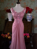 Niulatu Mermaid V neckline Sleeveless Pink Long Prom Dresses HZ1110