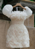 Niulatu A Line Strapless Puffy Sleeves Short Birthday Outfits White Homecoming Dress HZ1110