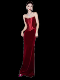 Niulatu A Line Strapless Wine Red Long Prom Dresses HZ1110