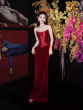 Niulatu A Line Strapless Wine Red Long Prom Dresses HZ1110