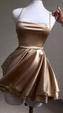 Niulatu A line Straps Gold Backless Birthday Outfits Satin Homecoming Dress HZ1110