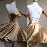Niulatu A line Straps Gold Backless Birthday Outfits Satin Homecoming Dress HZ1110