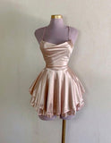 Niulatu A line Halter Champagne Birthday Outfits Satin Homecoming Dress HZ1110
