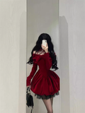 Niulatu Ball Gown Long Sleeves Velvet Red Short Cocktail Dresses Birthday Outfits SD572