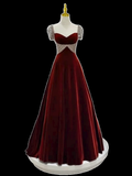 Niulatu A Line Short Sleeves Velvet Burgundy Long Prom Dresses HZ1110