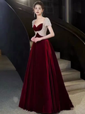 Niulatu A Line Short Sleeves Velvet Burgundy Long Prom Dresses HZ1110