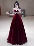 Niulatu A Line Short Sleeves Velvet Burgundy Long Prom Dresses HZ1110
