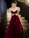 Niulatu A Line Short Sleeves Velvet Burgundy Long Prom Dresses HZ1110