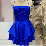 Niulatu A line Halter Royal Blue Birthday Outfits Satin Homecoming Dress HZ1110