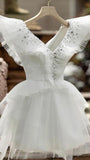 Niulatu A line V Neckline White Tulle Birthday Outfits Homecoming Dress HZ1110
