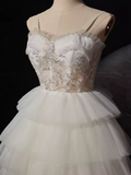Niulatu High Low Straps Sleeveless White Tulle Long Prom Dress HZ1110