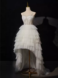 Niulatu High Low Straps Sleeveless White Tulle Long Prom Dress HZ1110