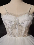 Niulatu High Low Straps Sleeveless White Tulle Long Prom Dress HZ1110