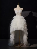 Niulatu High Low Straps Sleeveless White Tulle Long Prom Dress HZ1110