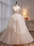 Niulatu Ball Gown Off The Shoulder Short Sleeves White Tulle Long Prom Dress HZ1110