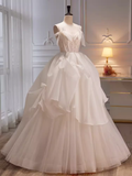 Niulatu Ball Gown Off The Shoulder Short Sleeves White Tulle Long Prom Dress HZ1110