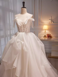 Niulatu Ball Gown Off The Shoulder Short Sleeves White Tulle Long Prom Dress HZ1110