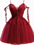 Niulatu A line Straps Burgundy Birthday Outfits Tulle Homecoming Dress HZ1110