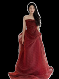 Niulatu A Line Strapless Tulle Burgundy Long Prom Dresses HZ1110