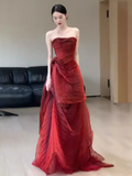 Niulatu A Line Strapless Tulle Burgundy Long Prom Dresses HZ1110