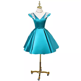 Niulatu A line V Neckline Blue Satin Birthday Outfits Homecoming Dress HZ1110