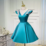 Niulatu A line V Neckline Blue Satin Birthday Outfits Homecoming Dress HZ1110