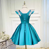 Niulatu A line V Neckline Blue Satin Birthday Outfits Homecoming Dress HZ1110