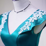 Niulatu A line V Neckline Blue Satin Birthday Outfits Homecoming Dress HZ1110