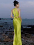 Niulatu Mermaid Halter Bud Green Silk Satin Long Prom Dress HZ1110