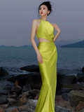 Niulatu Mermaid Halter Bud Green Silk Satin Long Prom Dress HZ1110