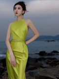 Niulatu Mermaid Halter Bud Green Silk Satin Long Prom Dress HZ1110