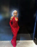 Niulatu Mermaid Halter Red Sequin Long Prom Dress With Gloves HZ1110