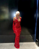 Niulatu Mermaid Halter Red Sequin Long Prom Dress With Gloves HZ1110