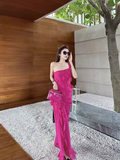 Niulatu Sheath One Shoulder Slit Chiffon Long Prom Dress With Ruffles HZ1110