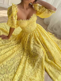 Niulatu A Line Square Neckline Lace Yellow Long Prom Dresses HZ1110