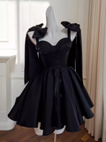 Niulatu A line Straps Black Satin Birthday Outfit Homecoming Dresses HZ1110